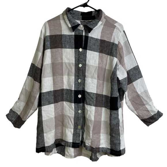 Soft Surroundings Plaid Tunic Top Black Tan Button Up Back Zip 2XL XXL - Picture 1 of 10